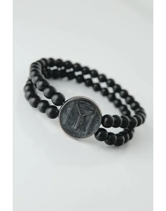 Füme Renkli Metal Üzerine Füme Kayı Boyu Figürlü Siyah Renk Çift Sıra Doğal Taş Erkek Bileklik