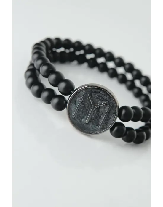 Füme Renkli Metal Üzerine Füme Kayı Boyu Figürlü Siyah Renk Çift Sıra Doğal Taş Erkek Bileklik