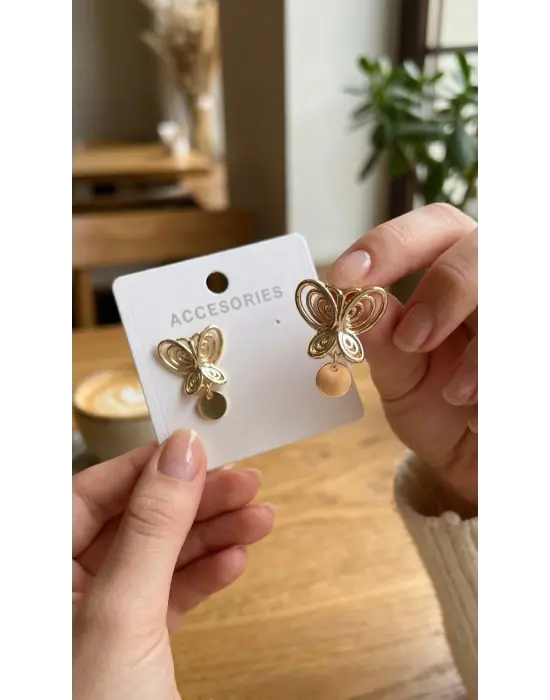 Füsun Küpesi Model Gold Renk Kelebek Model Pirinç Kadın Küpe