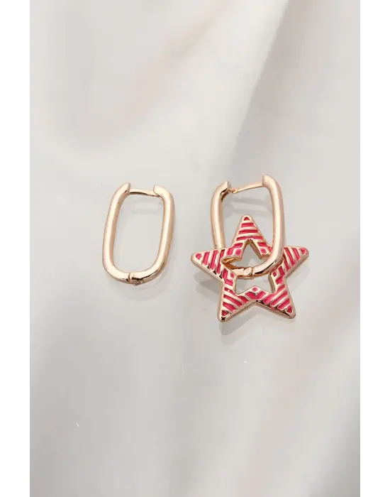 Fuşya Çizgili Gold Çelik Yıldız Küpe