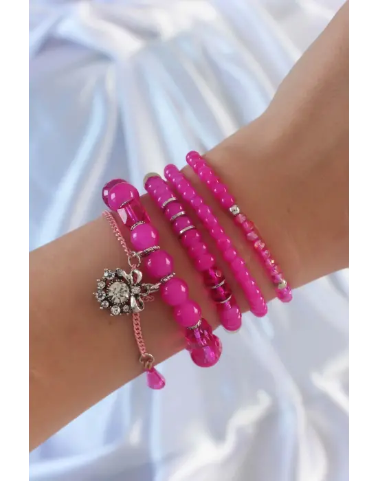 Fuşya Renk Zirkon Taşlı Fiyonk Figür Boncuklu Sallantılı Çoklu Bileklik