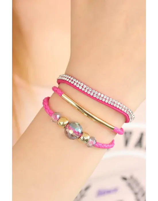 Fuşya Taşlı Ponponlu Metal Aksesuarlı Deri Çoklu Bayan Bileklik