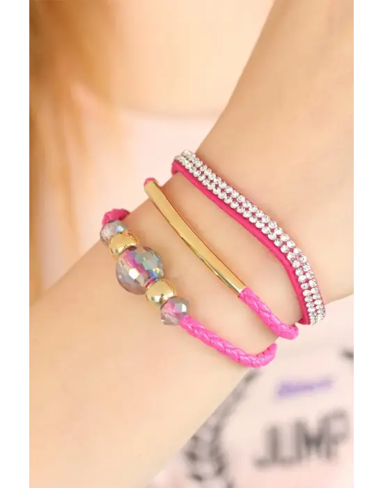 Fuşya Taşlı Ponponlu Metal Aksesuarlı Deri Çoklu Bayan Bileklik