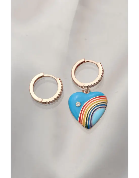 Gökkuşağı Detaylı Mavi Kalp Model Taşlı Çelik Küpe