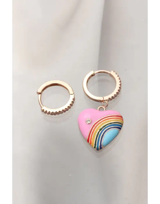 Gökkuşağı Detaylı Pembe Kalp Model Taşlı Çelik Küpe