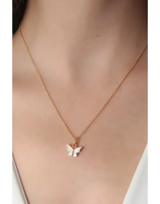 Altın Beyaz  Kelebek Figür  Çelik Kolye