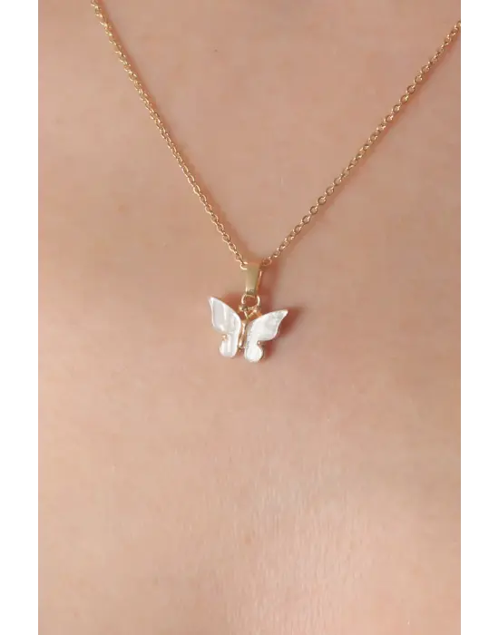 Altın Beyaz  Kelebek Figür  Çelik Kolye