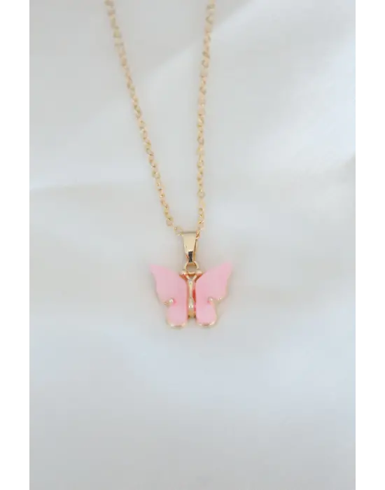 Altın Kaplama Pembe Sedefli Kelebek Çelik Kolye