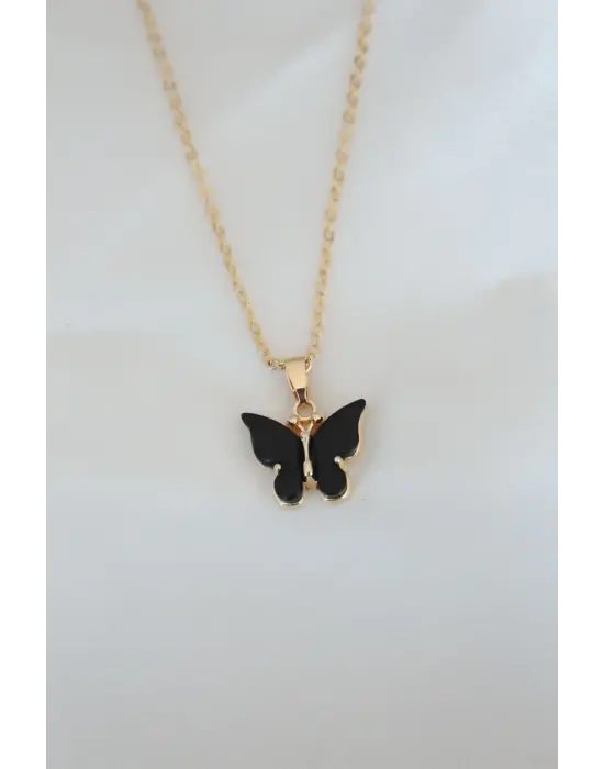 Altın Kaplama Siyah li Sedefli Kelebek Çelik Kolye