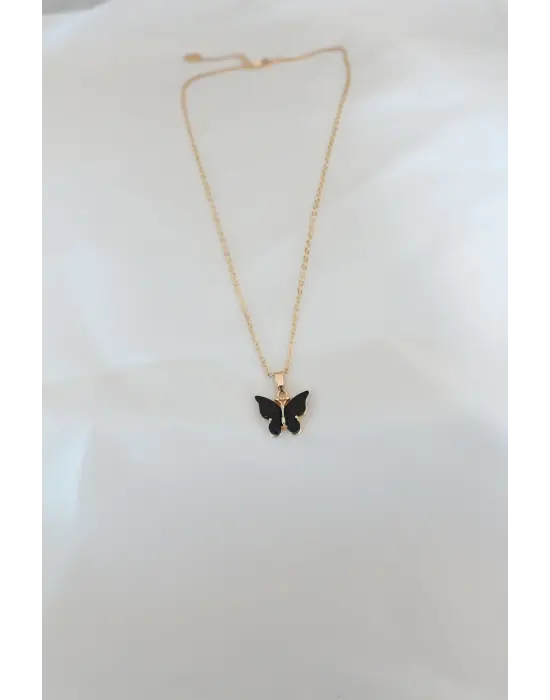 Altın Kaplama Siyah li Sedefli Kelebek Çelik Kolye