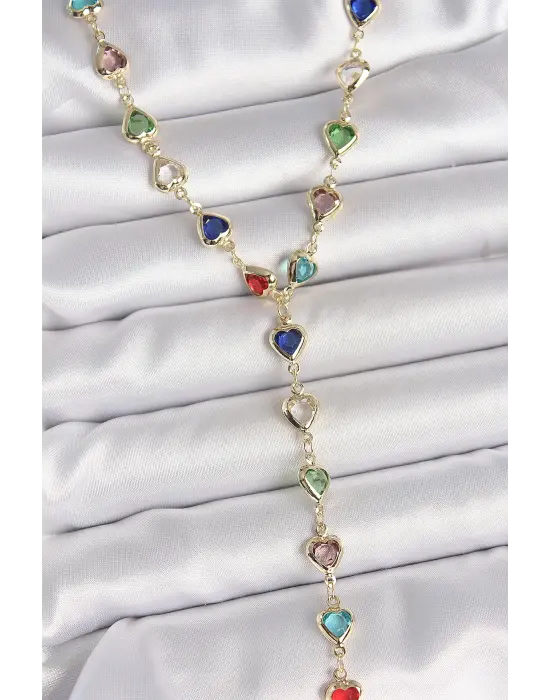 Gold Karışık Renk Kalp Figürlü Zirkon Taşlı Y Pirinç Kolye