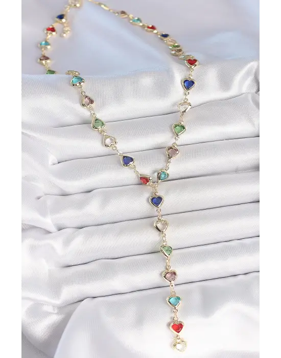 Gold Karışık Renk Kalp Figürlü Zirkon Taşlı Y Pirinç Kolye