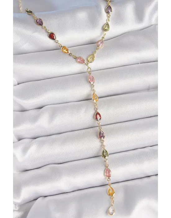 Gold Karışık Renk Zirkon Taşlı Y Pirinç Kolye