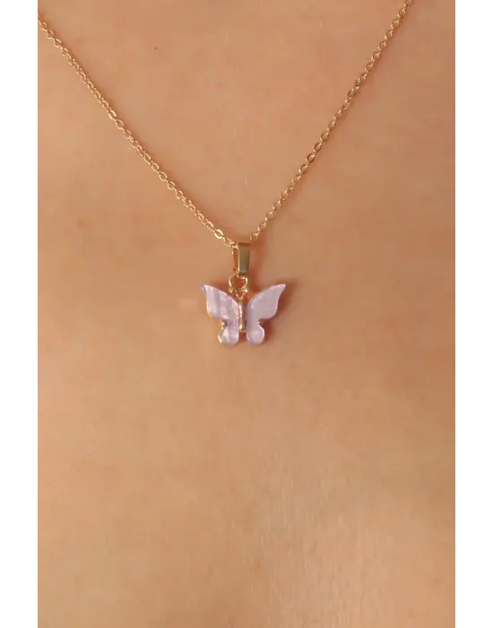 Altın Lila  Kelebek Figür  Çelik Kolye