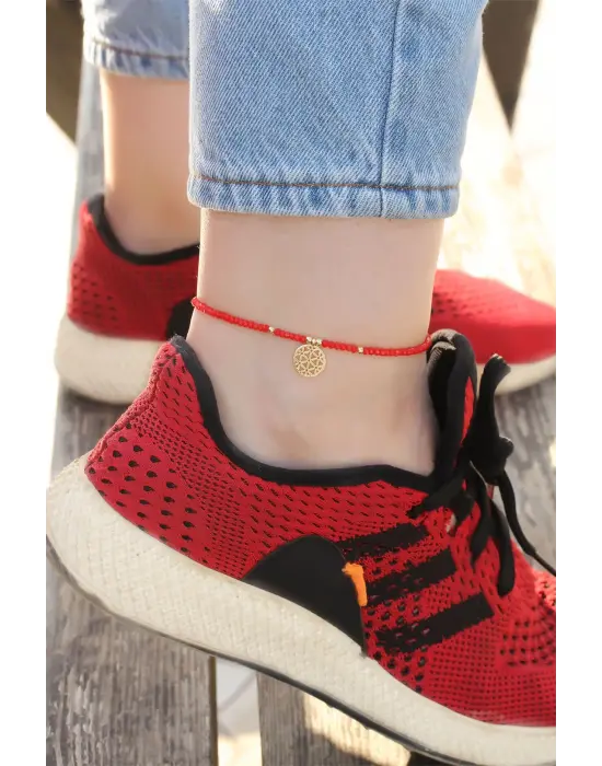 Gold Metal Aksesuarlı Kırmızı Boncuk Detaylı Halhal