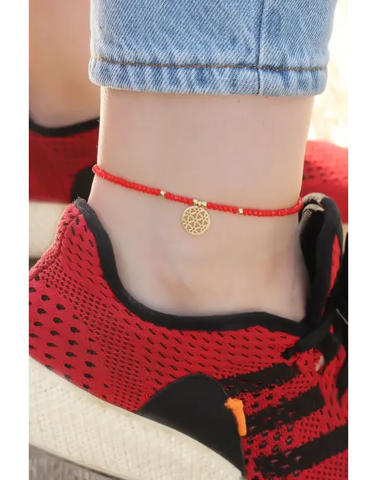 Gold Metal Aksesuarlı Kırmızı Boncuk Detaylı Halhal