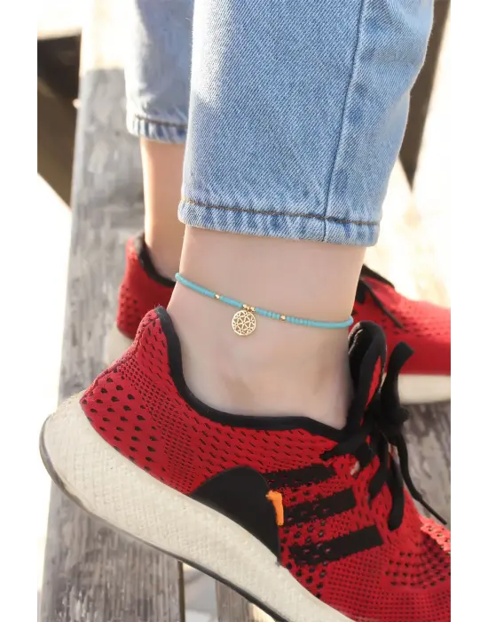 Gold Metal Aksesuarlı Mavi Boncuk Detaylı Halhal