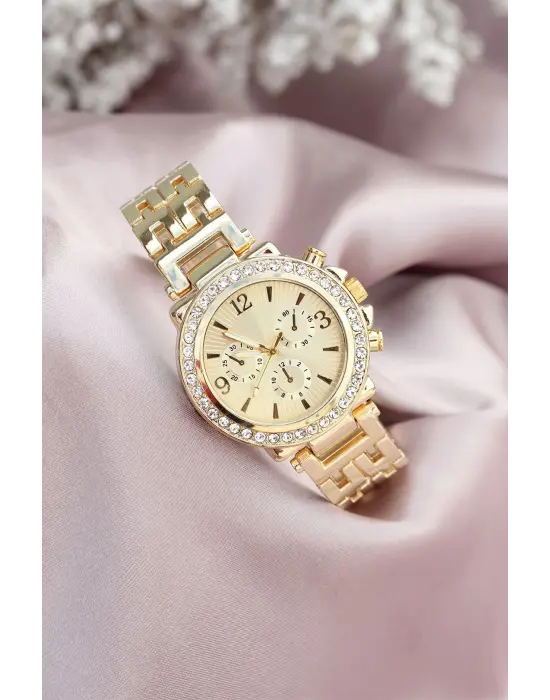 Gold Metal Kordonlu Zirkon Taşlı Kasa Tasarımlı Kadın Saat