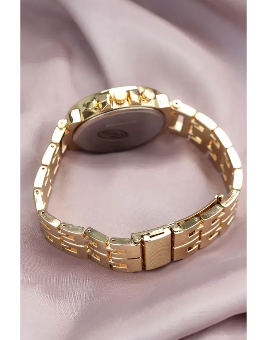 Gold Metal Kordonlu Zirkon Taşlı Kasa Tasarımlı Kadın Saat