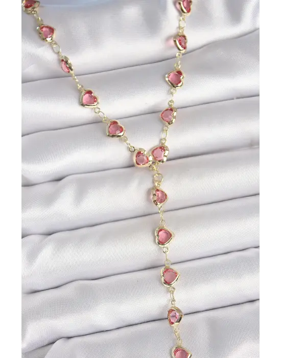 Gold Pembe Renk Kalp Figürlü Zirkon Taşlı Y Pirinç Kolye
