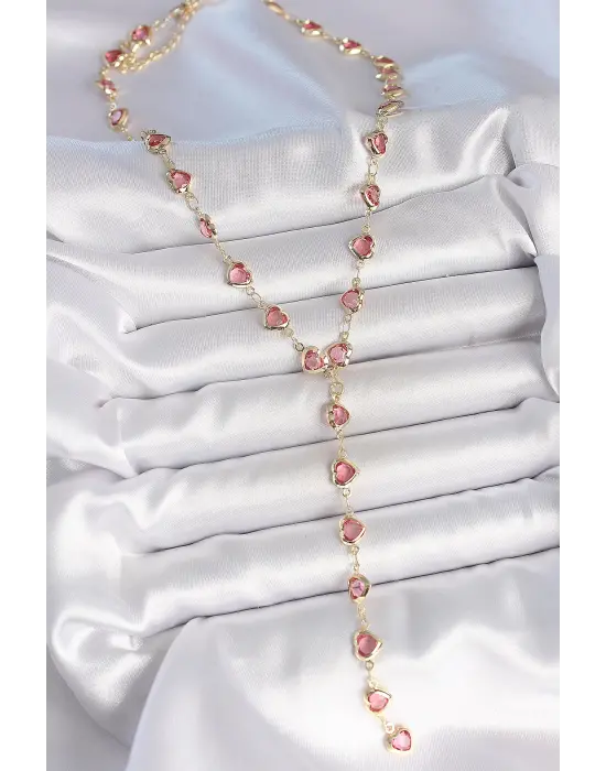 Gold Pembe Renk Kalp Figürlü Zirkon Taşlı Y Pirinç Kolye