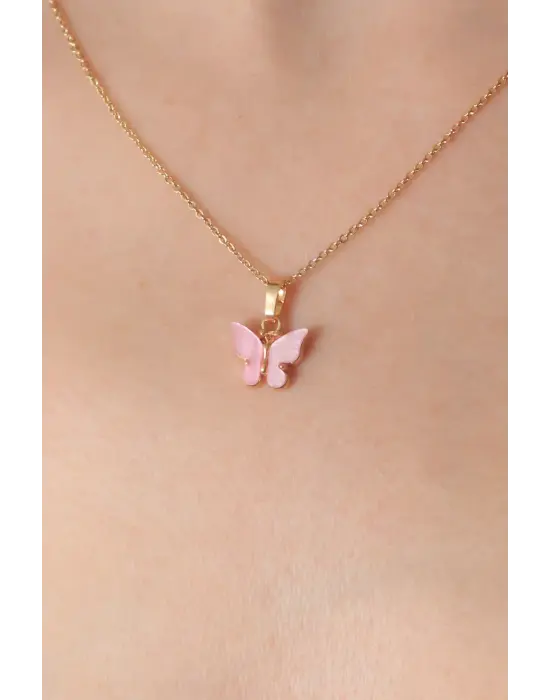 Altın Pembe  Kelebek Figür  Çelik Kolye