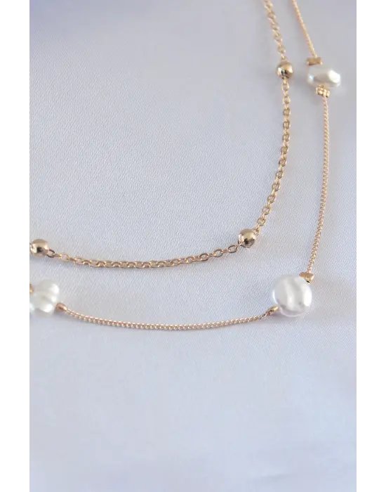 Gold Renk 2li İncili Kadın Kolye