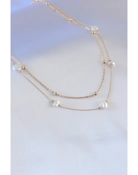 Gold Renk 2li İncili Kadın Kolye