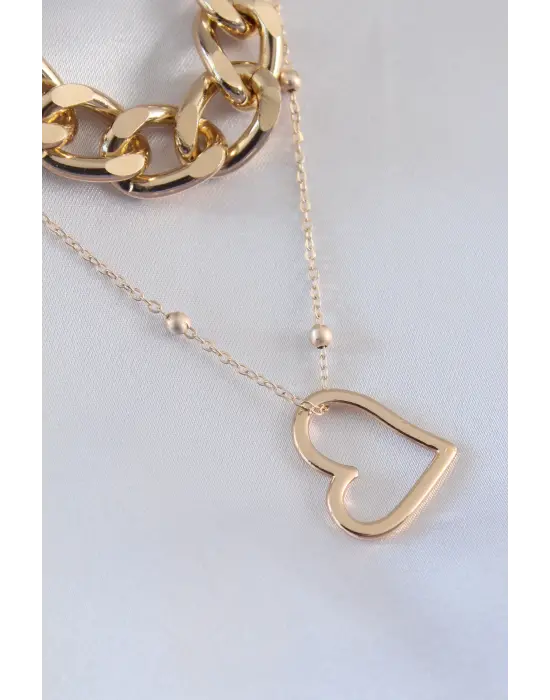 Gold Renk 2li Kalın Zincir Model Kalp Figür Kadın Kolye