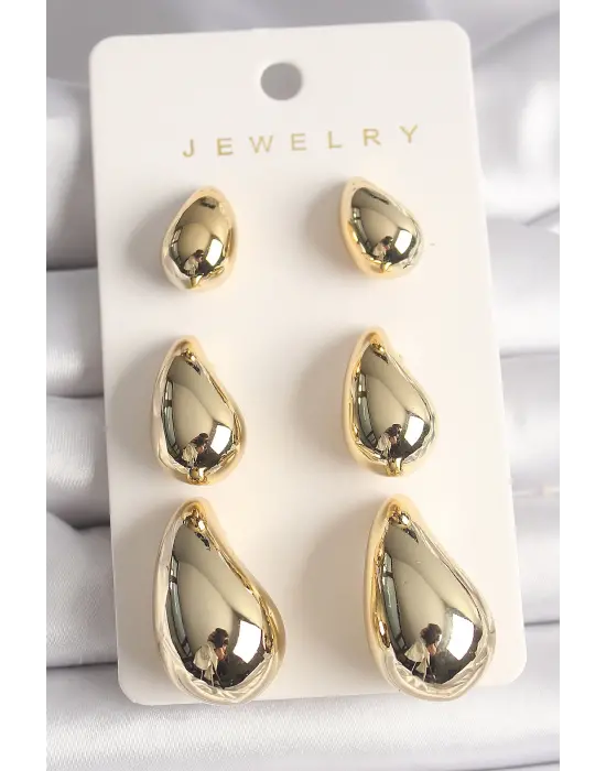 Altın 3Lü Damla Model CCB Plastik Çelik Küpe Seti