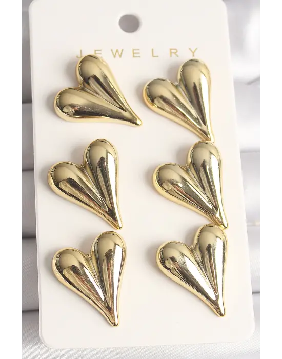 Altın 3Lü Kalp Model CCB Plastik Çelik Küpe Seti