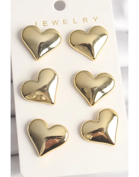 Altın 3Lü Kalp Model CCB Plastik Çelik Küpe Seti