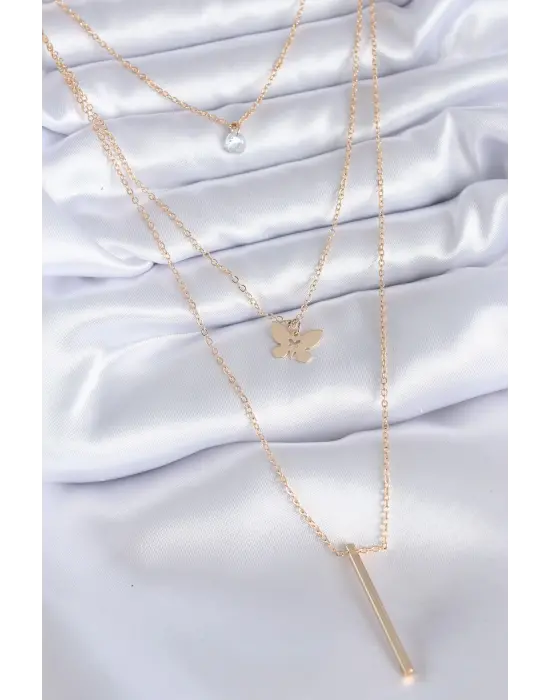 Altın  3lü Kelebek Figür Zirkon Taş Detay  Çelik Kolye