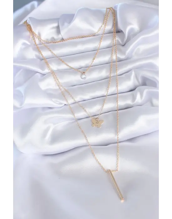 Altın  3lü Kelebek Figür Zirkon Taş Detay  Çelik Kolye