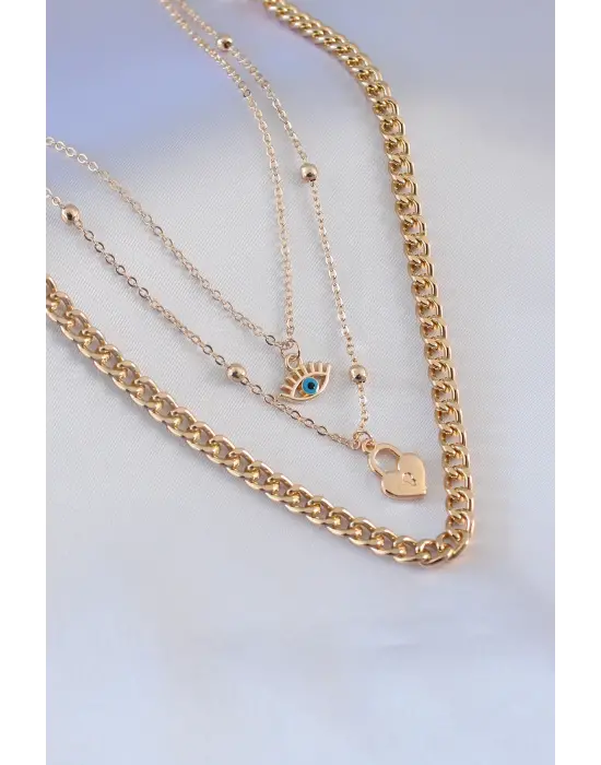 Gold Renk 3lü Zincir Model Kilit Kalp Figür Göz Detay Kadın Kolye