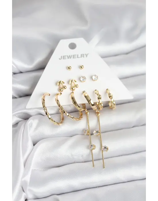 Kiraz Model Gold Renk 6 Çift Pirinç Kadın Küpe Seti