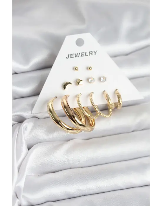 Gold Renk 6 Çiftli Pirinç Halkalı Kadın Küpe Seti