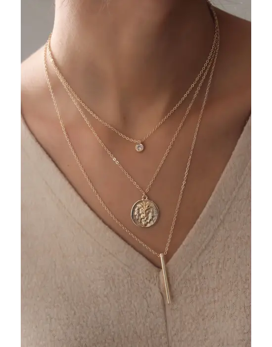 Gold Renk Aslan Figür Zirkon Taş Detay 3lü Kadın Kolye