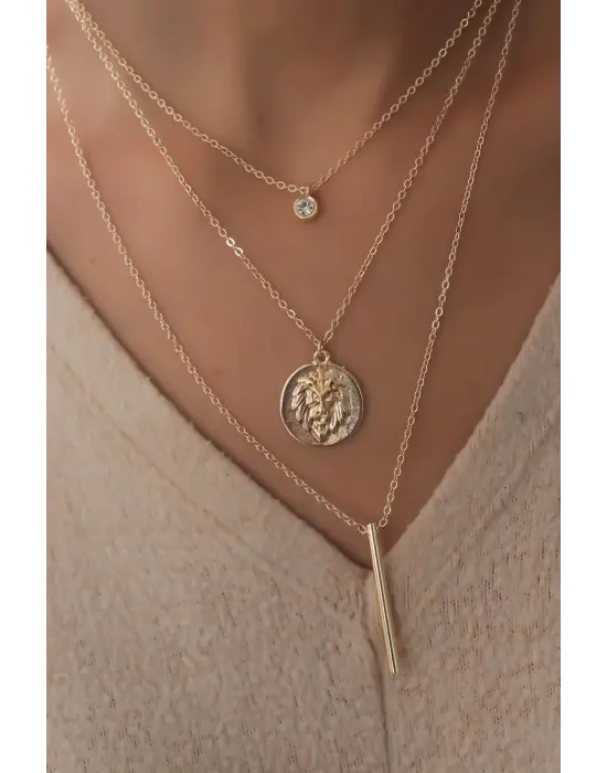 Gold Renk Aslan Figür Zirkon Taş Detay 3lü Kadın Kolye