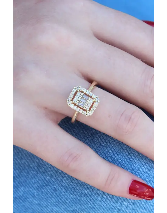 Altın Baget Zirkon Taşlı Çelik Yüzük