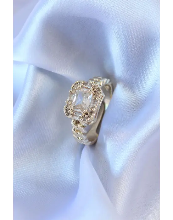 Gold Renk Baget zirkon Taşlı Zincir Model Kadın Yüzük