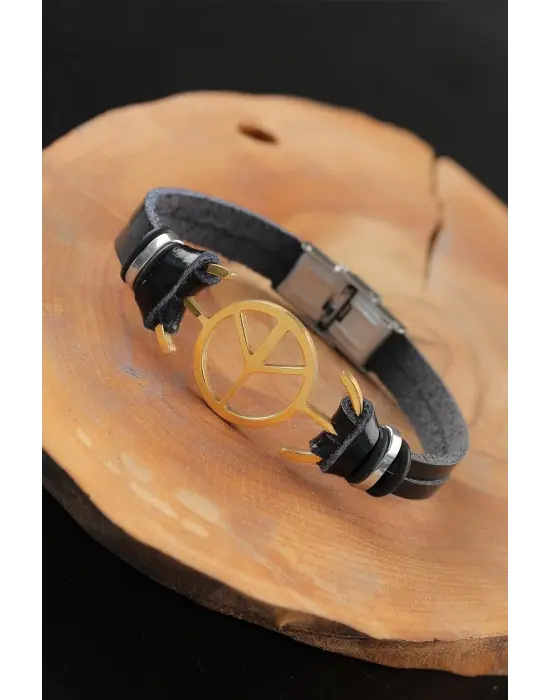 Gold Renk Barış Figürlü Metal Aksesuarlı Siyah Renk Deri Erkek Bileklik