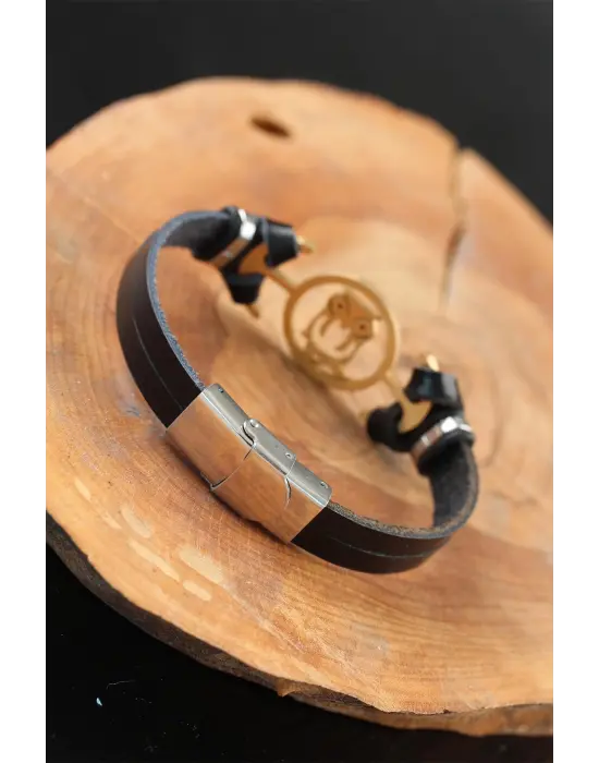 Gold Renk Baykuşlu Metal Aksesuarlı Siyah Renk Deri Erkek Bileklik