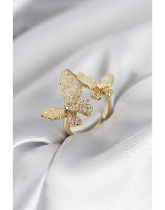Gold Renk Beyaz Kelebek Model Zirkon Taşlı Kadın Yüzük
