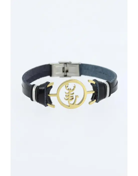 Gold Renk Çelik Akrep Figürlü Metal Aksesuarlı Siyah Renk Deri Erkek Bileklik