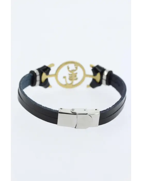 Gold Renk Çelik Akrep Figürlü Metal Aksesuarlı Siyah Renk Deri Erkek Bileklik