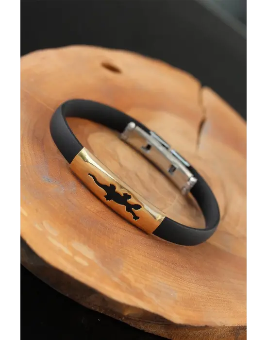 Gold Renk Çelik Semender Tasarım Siyah Renk Silikon Erkek Bileklik