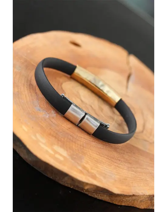 Gold Renk Çelik Semender Tasarım Siyah Renk Silikon Erkek Bileklik