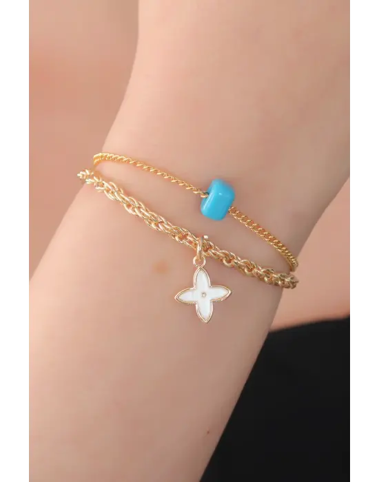 Gold Renk Çiçek Figür Mavi Taş Detay Kadın Bileklik