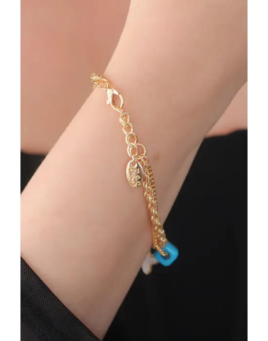 Gold Renk Çiçek Figür Mavi Taş Detay Kadın Bileklik